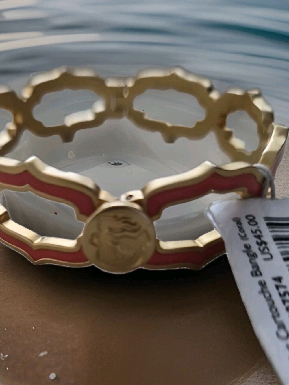 Spartina 449 Retired Coral Cut Cartouche Openwork Enamel Hinge Braceletgold Tone